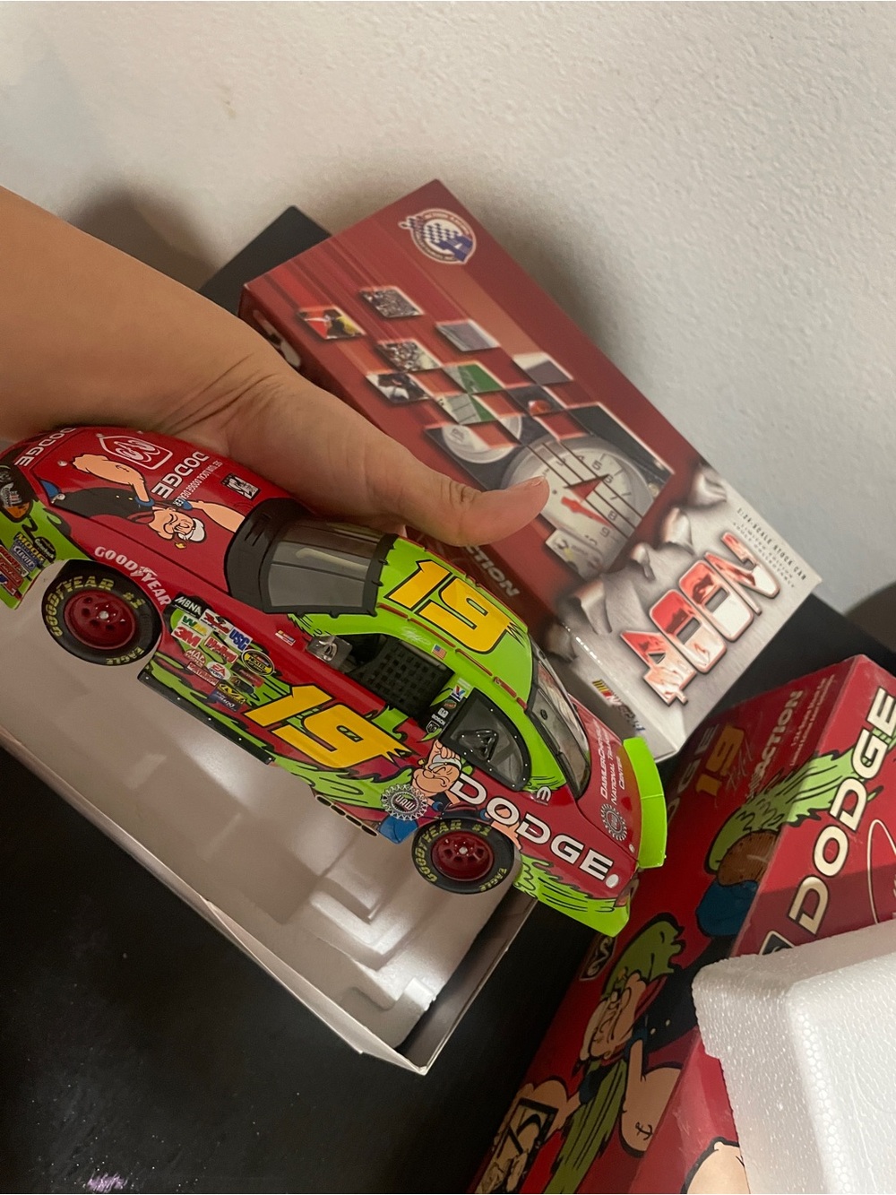 #19 Popeyes Dodge Metal Vinatge Collectible  car . Green & Red Racing Car Toy